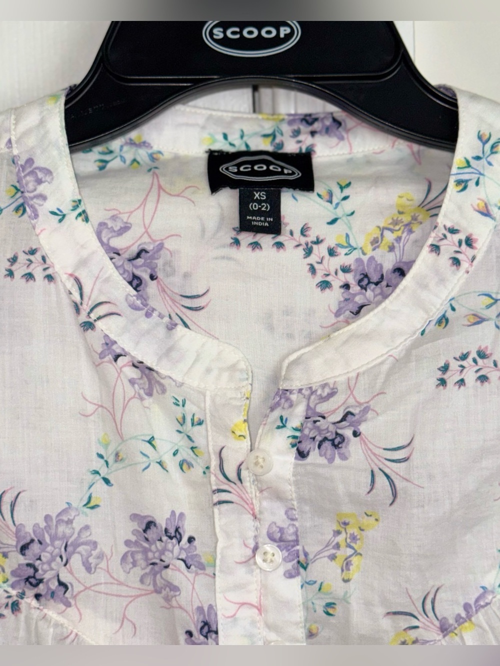 Scoop Womens XS Flowy Blouson Cotton Blouse White Purple Floral Long Sleeve Top - Picture 6 of 13